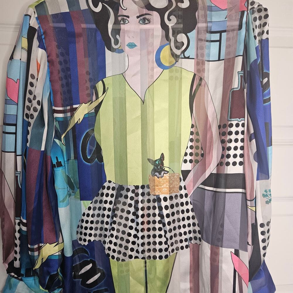 Pop Art Graphic Portrait Balloon Sleeve Blouse Whimsical Dog Motif Abstract Top